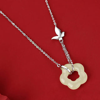 Buddha Gift 925 Sterling Silver Butterfly Hetian Jade Flower Blessing Necklace Pendant