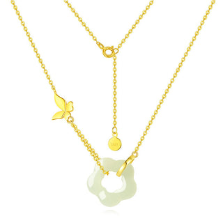 Buddha Gift 925 Sterling Silver Butterfly Hetian Jade Flower Blessing Necklace Pendant