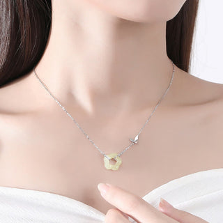 Buddha Gift 925 Sterling Silver Butterfly Hetian Jade Flower Blessing Necklace Pendant