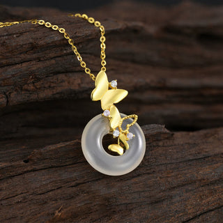 Buddha Gift 925 Sterling Silver Butterfly Chalcedony Peace Buckle Blessing Luck Necklace Pendant