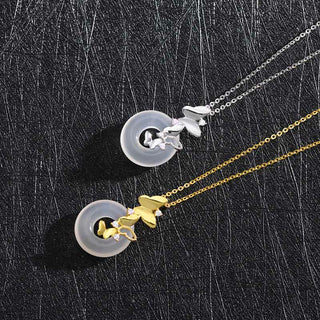 Buddha Gift 925 Sterling Silver Butterfly Chalcedony Peace Buckle Blessing Luck Necklace Pendant