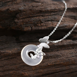 Buddha Gift 925 Sterling Silver Butterfly Chalcedony Peace Buckle Blessing Luck Necklace Pendant