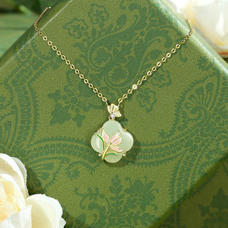 Buddha Gift 925 Sterling Silver Magnolia Butterfly Hetian Jade Four Leaf Clover Blessing Earrings Necklace Pendant