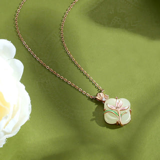 Buddha Gift 925 Sterling Silver Magnolia Butterfly Hetian Jade Four Leaf Clover Blessing Earrings Necklace Pendant