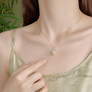Buddha Gift 925 Sterling Silver Magnolia Butterfly Hetian Jade Four Leaf Clover Blessing Earrings Necklace Pendant