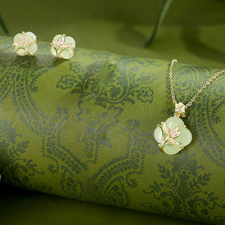 Buddha Gift 925 Sterling Silver Magnolia Butterfly Hetian Jade Four Leaf Clover Blessing Earrings Necklace Pendant