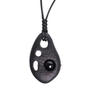 Buddha Gift Ebony Wood Hollow Inlaid Obsidian Peace Calm Necklace Pendant