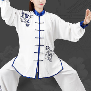 Buddha Gift 2Pcs Fall Blue Embroidery Flowers Frog-Button Tai Chi Meditation Qigong Zen Practice Unisex Cotton Clothing Set