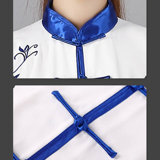 Buddha Gift 2Pcs Fall Blue Embroidery Flowers Frog-Button Tai Chi Meditation Qigong Zen Practice Unisex Cotton Clothing Set