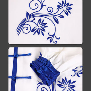 Buddha Gift 2Pcs Fall Blue Embroidery Flowers Frog-Button Tai Chi Meditation Qigong Zen Practice Unisex Cotton Clothing Set