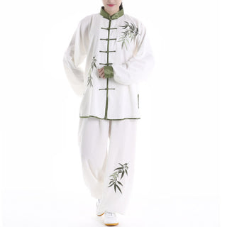 Buddha Gift 2Pcs Fall Green Bamboo Leaves Embroidery Frog-Button Tai Chi Meditation Qigong Zen Practice Unisex Cotton Clothing Set