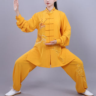 Buddha Gift 2Pcs Fall Embroidery Dragon Frog-Button Tai Chi Meditation Qigong Zen Practice Unisex Cotton Clothing Set