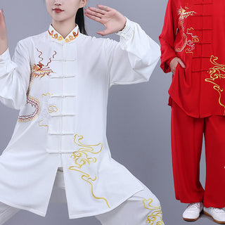 Buddha Gift 2Pcs Fall Embroidery Dragon Frog-Button Tai Chi Meditation Qigong Zen Practice Unisex Cotton Clothing Set