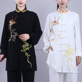 Buddha Gift 2Pcs Fall Embroidery Dragon Frog-Button Tai Chi Meditation Qigong Zen Practice Unisex Cotton Clothing Set