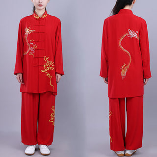 Buddha Gift 2Pcs Fall Embroidery Dragon Frog-Button Tai Chi Meditation Qigong Zen Practice Unisex Cotton Clothing Set