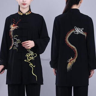 Buddha Gift 2Pcs Fall Embroidery Dragon Frog-Button Tai Chi Meditation Qigong Zen Practice Unisex Cotton Clothing Set