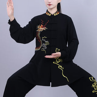 Buddha Gift 2Pcs Fall Embroidery Dragon Frog-Button Tai Chi Meditation Qigong Zen Practice Unisex Cotton Clothing Set