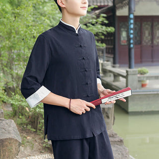 Buddha Gift 2Pcs Fall Men's Tang Suit Frog-Button Cotton Three Quarter Sleeve Shirt Pants Set