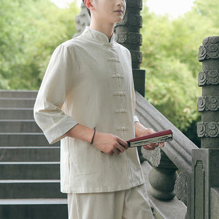 Buddha Gift 2Pcs Fall Men's Tang Suit Frog-Button Cotton Three Quarter Sleeve Shirt Pants Set