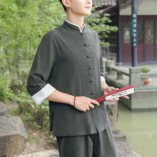 Buddha Gift 2Pcs Fall Men's Tang Suit Frog-Button Cotton Three Quarter Sleeve Shirt Pants Set