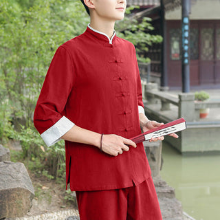 Buddha Gift 2Pcs Fall Men's Tang Suit Frog-Button Cotton Three Quarter Sleeve Shirt Pants Set