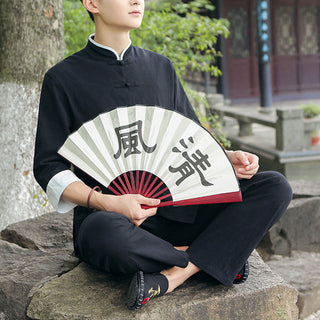 Buddha Gift 2Pcs Fall Men's Tang Suit Frog-Button Cotton Three Quarter Sleeve Shirt Pants Set