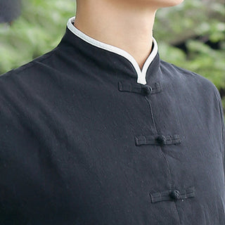 Buddha Gift 2Pcs Fall Men's Tang Suit Frog-Button Cotton Three Quarter Sleeve Shirt Pants Set