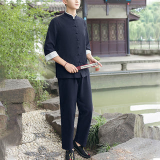 Buddha Gift 2Pcs Fall Men's Tang Suit Frog-Button Cotton Three Quarter Sleeve Shirt Pants Set