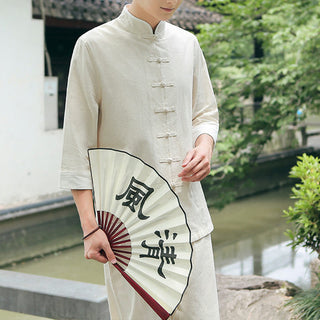 Buddha Gift 2Pcs Fall Men's Tang Suit Frog-Button Cotton Three Quarter Sleeve Shirt Pants Set