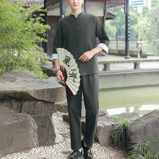 Buddha Gift 2Pcs Fall Men's Tang Suit Frog-Button Cotton Three Quarter Sleeve Shirt Pants Set