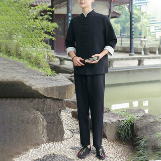 Buddha Gift 2Pcs Fall Men's Tang Suit Frog-Button Cotton Three Quarter Sleeve Shirt Pants Set