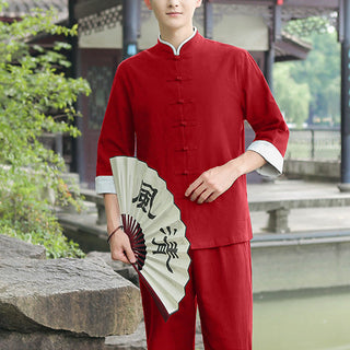 Buddha Gift 2Pcs Fall Men's Tang Suit Frog-Button Cotton Three Quarter Sleeve Shirt Pants Set