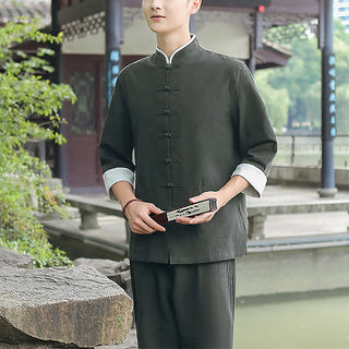 Buddha Gift 2Pcs Fall Men's Tang Suit Frog-Button Cotton Three Quarter Sleeve Shirt Pants Set