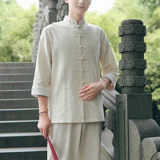 Buddha Gift 2Pcs Fall Men's Tang Suit Frog-Button Cotton Three Quarter Sleeve Shirt Pants Set