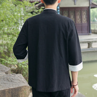 Buddha Gift 2Pcs Fall Men's Tang Suit Frog-Button Cotton Three Quarter Sleeve Shirt Pants Set