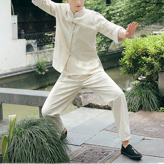 Buddha Gift 2Pcs Fall Men's Tang Suit Frog-Button Cotton Three Quarter Sleeve Shirt Pants Set