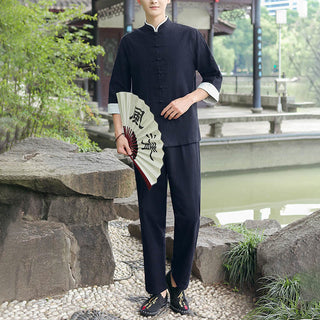 Buddha Gift 2Pcs Fall Men's Tang Suit Frog-Button Cotton Three Quarter Sleeve Shirt Pants Set