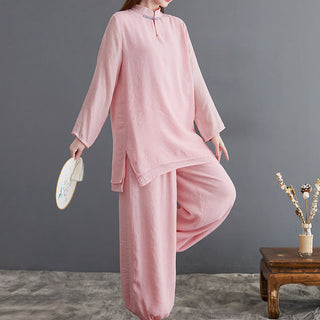 Buddha Gift 2Pcs Solid Women's Long Sleeve Shirt Pants Meditation Clothing Set