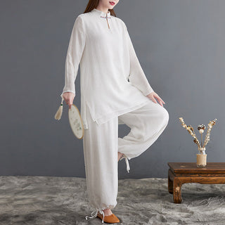 Buddha Gift 2Pcs Solid Women's Long Sleeve Shirt Pants Meditation Clothing Set
