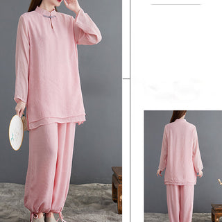 Buddha Gift 2Pcs Solid Women's Long Sleeve Shirt Pants Meditation Clothing Set