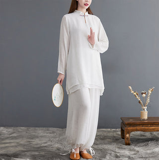 Buddha Gift 2Pcs Solid Women's Long Sleeve Shirt Pants Meditation Clothing Set