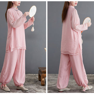 Buddha Gift 2Pcs Solid Women's Long Sleeve Shirt Pants Meditation Clothing Set