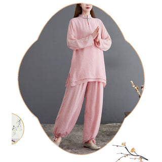 Buddha Gift 2Pcs Solid Women's Long Sleeve Shirt Pants Meditation Clothing Set