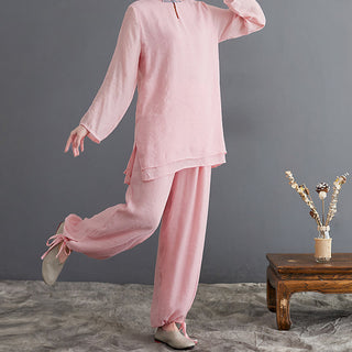 Buddha Gift 2Pcs Solid Women's Long Sleeve Shirt Pants Meditation Clothing Set