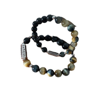 Buddha Gift Natural Black Obsidian Tiger's Eye Six True Words 'om Mani Padme Hum' Strength Love Bracelet
