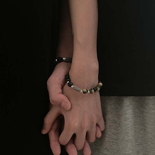 Buddha Gift Natural Black Obsidian Tiger's Eye Six True Words 'om Mani Padme Hum' Strength Love Bracelet