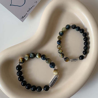 Buddha Gift Natural Black Obsidian Tiger's Eye Six True Words 'om Mani Padme Hum' Strength Love Bracelet