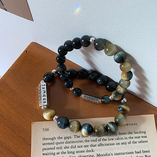Buddha Gift Natural Black Obsidian Tiger's Eye Six True Words 'om Mani Padme Hum' Strength Love Bracelet