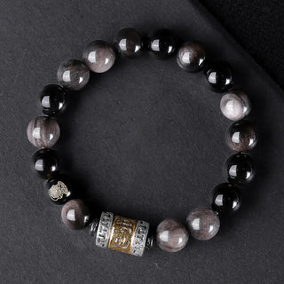 Buddha Gift Natural Silver Sheen Obsidian Tiger's Eye Six True Words 'Om Mani Padme Hum' Strength Bracelet