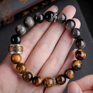 Buddha Gift Natural Silver Sheen Obsidian Tiger's Eye Six True Words 'Om Mani Padme Hum' Strength Bracelet
